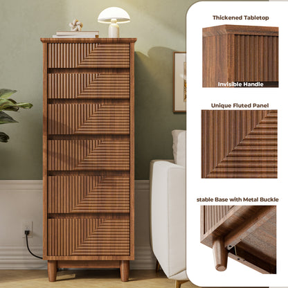 Pikvki Fluted 6 Drawer Dresser with Charging Station for Bedroom, 49" Modern Tall Narrow Chest of Drawers for Closet