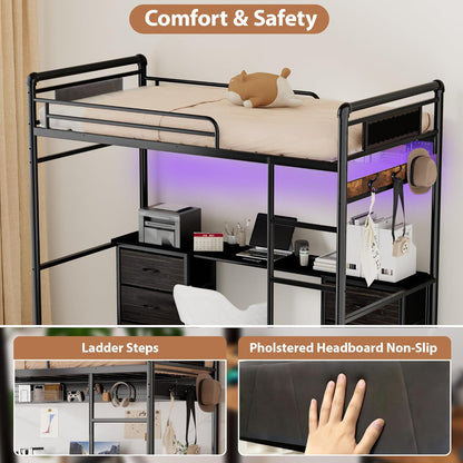 Pikvki Rustic Loft Bed Twin Size with Desk & 6 Fabric Drawers, Industrial Metal Loft Bed with LED & Charging Station for Bedroom