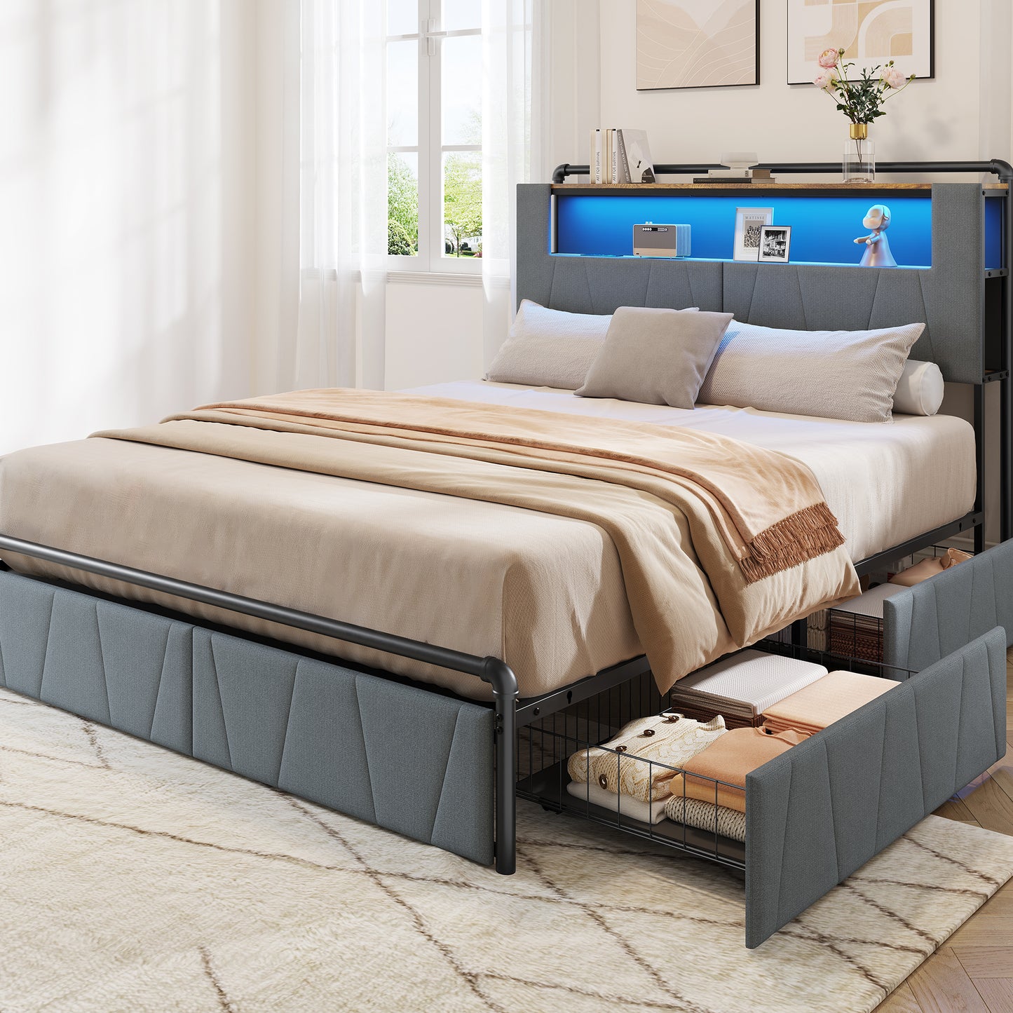 Pikvki Bed Frame with 2 Storage Drawers, Metal Platform Bed Frame with 2-Tier Storage Headboard, Charging Station & LED