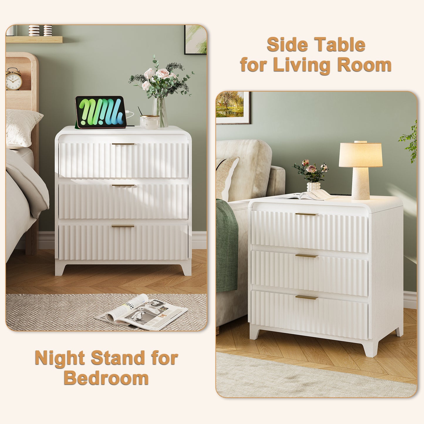 Pikvki Fluted Nightstand with Storage, 3 Drawers Wood Bed Side Table with Charging Station, Modern End Side Table for Bedroom Furniture Living Room Sofa