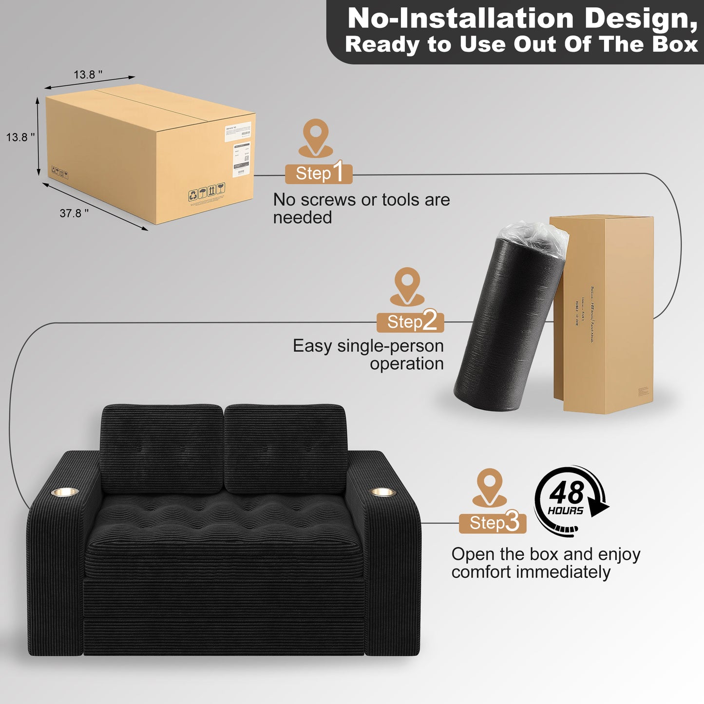 Pikvki 2 in 1 Convertible Sofa Bed with Side Pocket & Cup Holder, Corduroy Pull Out Loveseat Sleeper Sofa with Pillows for Living Room, Bedroom