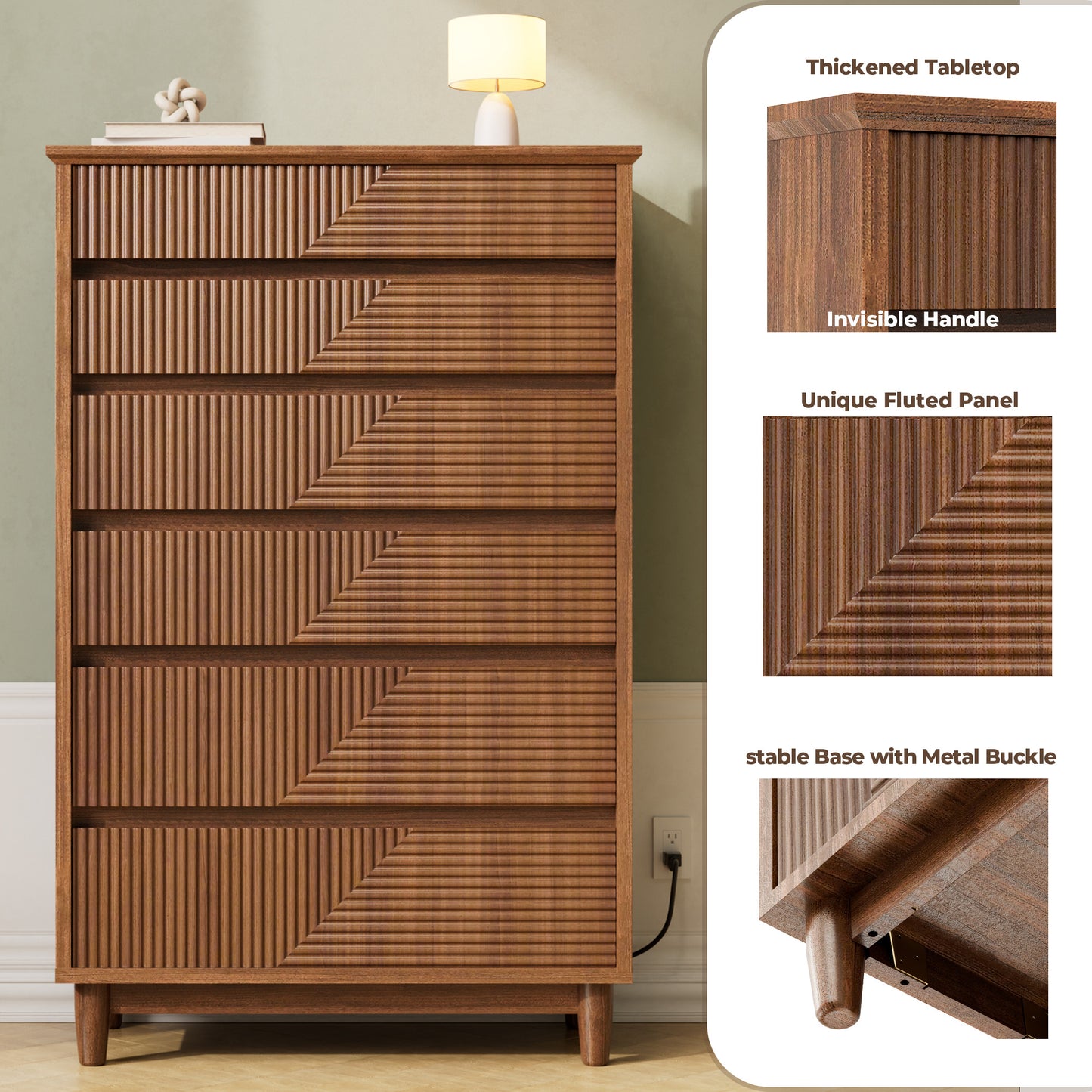 Pikvki Fluted 6 Drawer Dresser with Charging Station for Bedroom, 49" Modern Tall Chest of Drawers for Closet