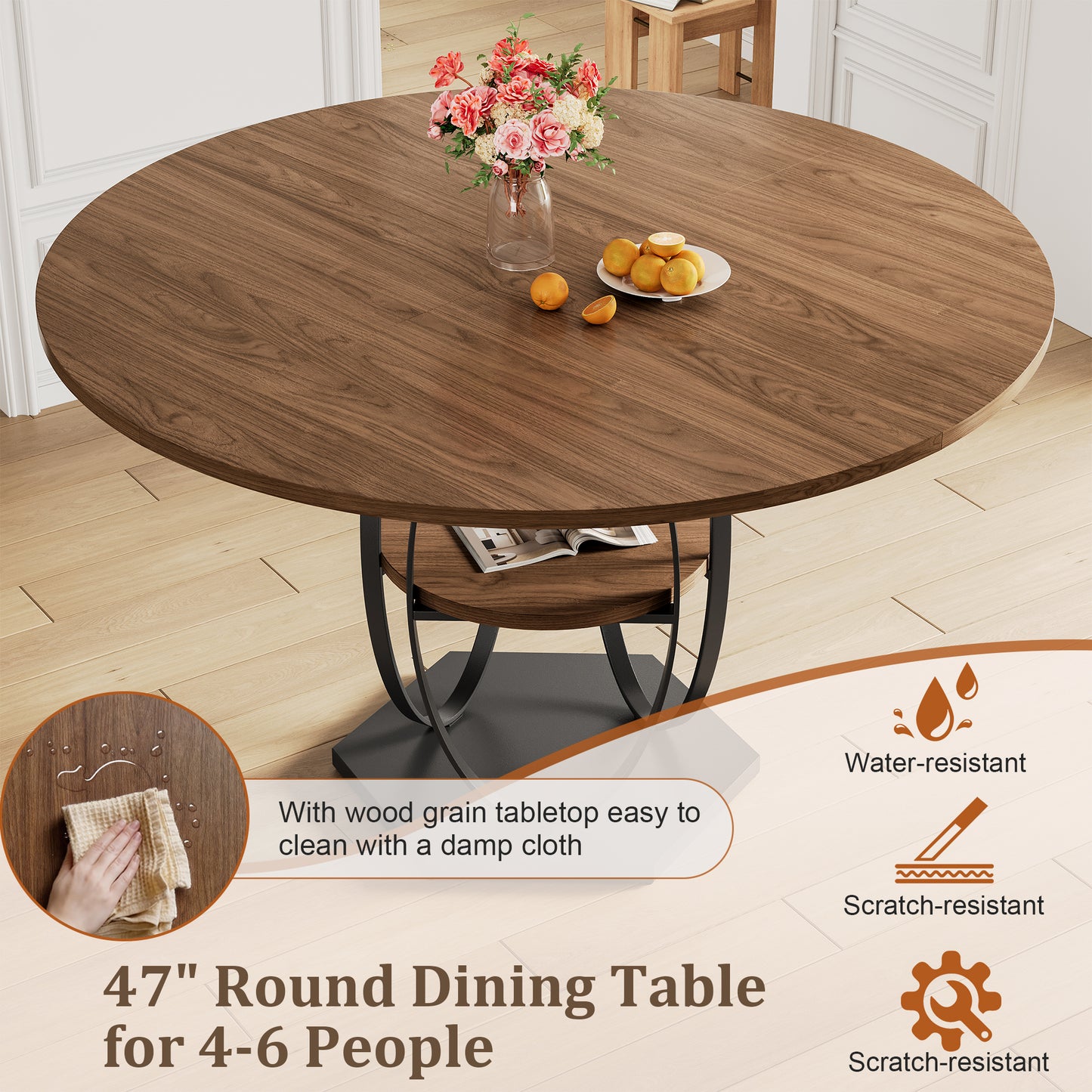 Pikvki Round Dining Table with Seorage Shelf, 3 Tier Circle Kitchen Table for Dining Room