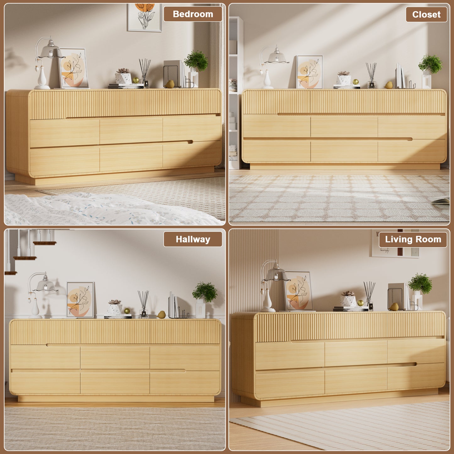 Pikvki 57.9" Wide 9 Drawer Dresser, Modern Fluted Wood Chest of Drawers with Anti-Tipping Device for Bedroom, Living Room