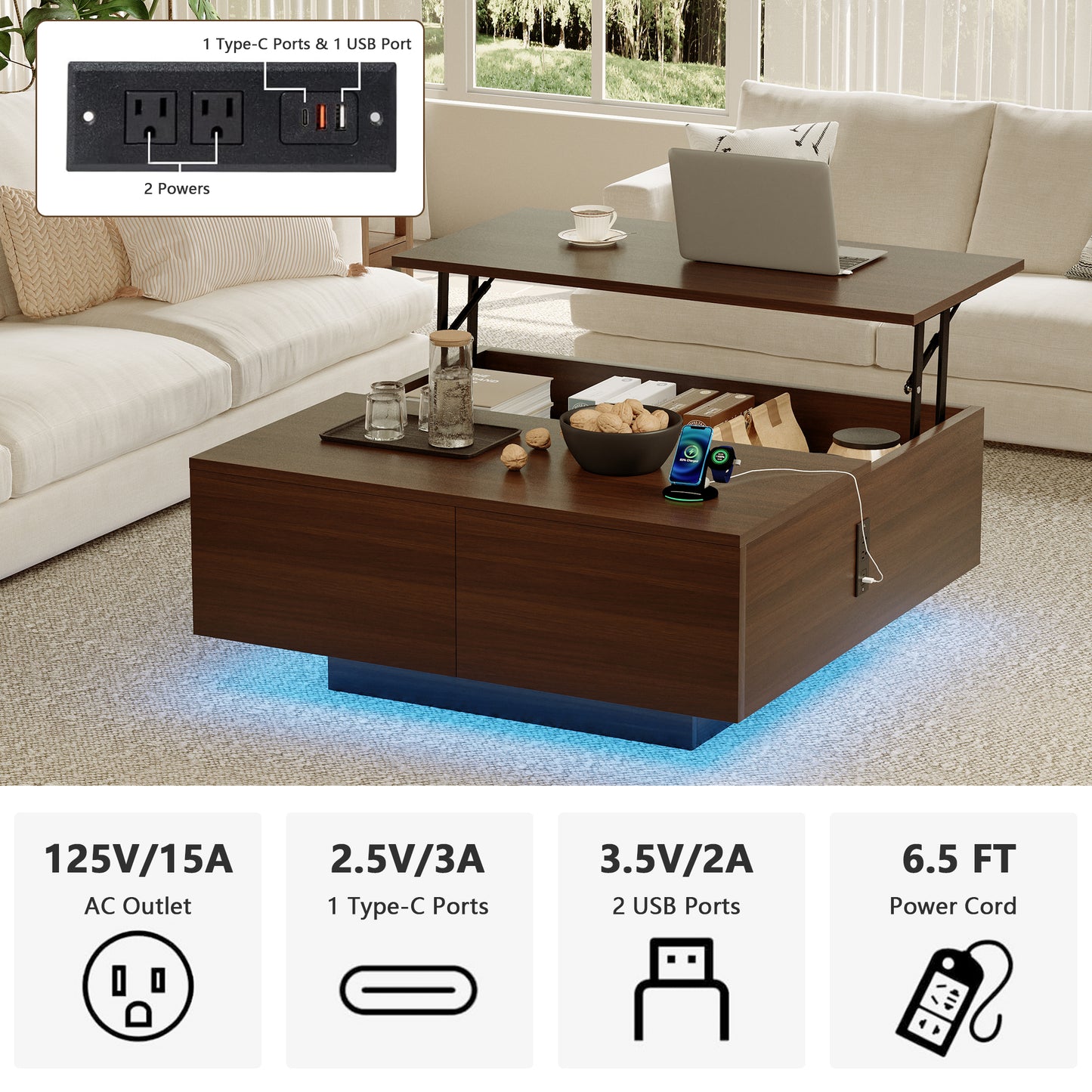 Pikvki Square Lift Top Coffee Table, 31.5" Wooden Coffee Table with 2 Drawers, LED Lights & Charging Station, Mid Century Modern Center Table for Living Room (Black)