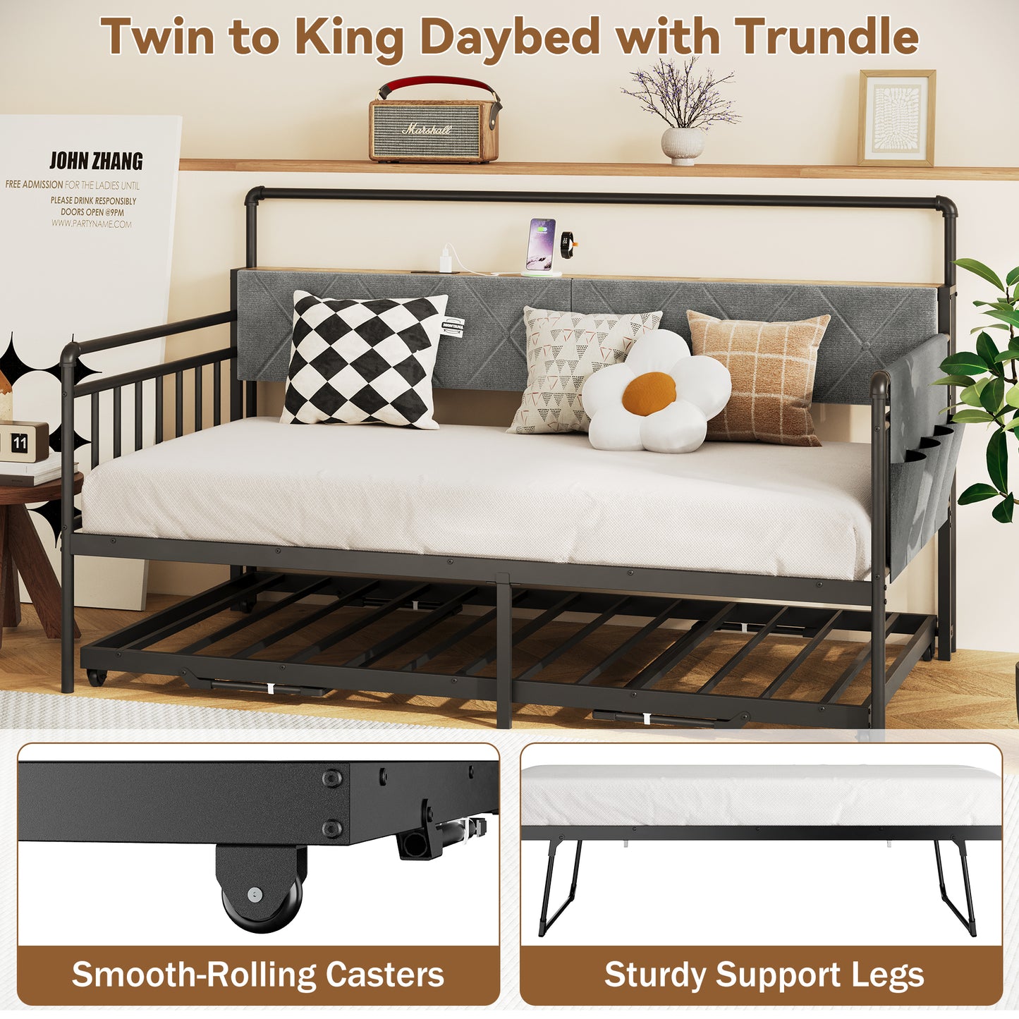 Pikvki Daybed with Charging Station & Side Pocket, Pop-upTrundle with Upholstered Storage Headboard, LED Light Sofa Bed for Living Room/Bedroom, Black