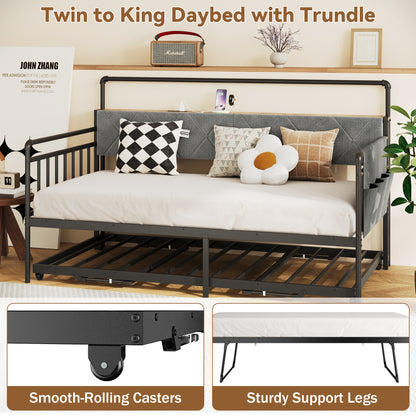 Pikvki Daybed with Charging Station & Side Pocket, Pop-upTrundle with Upholstered Storage Headboard, LED Light Sofa Bed for Living Room/Bedroom, Black