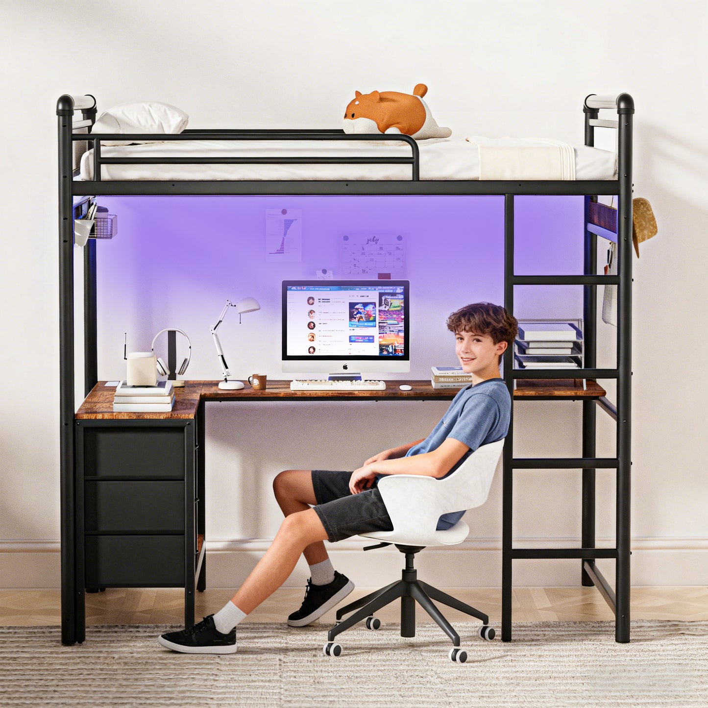 Pikvki Rustic Loft Bed Twin Size with Desk & 3 Fabric Drawers, Industrial Metal Loft Bed with LED & Charging Station for Bedroom