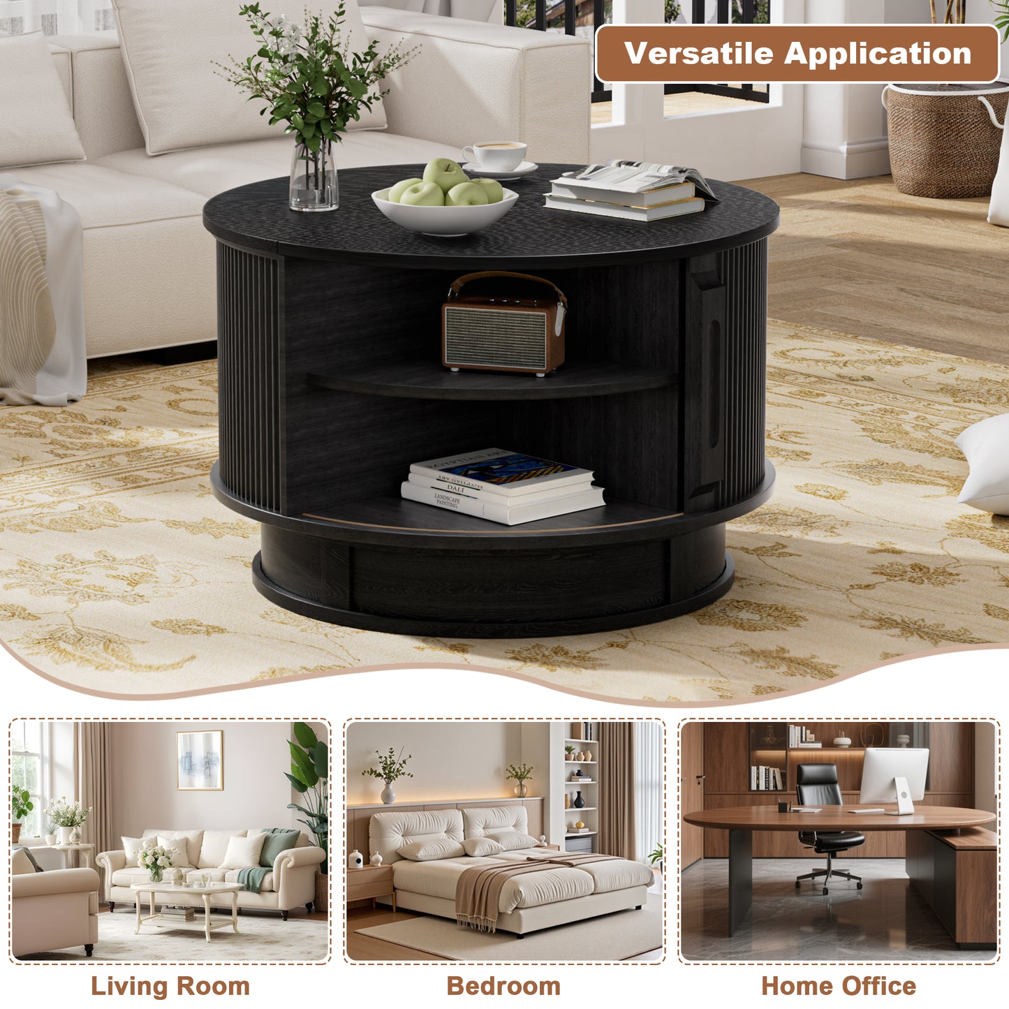 Pikvki Rotatable Round Coffee Table with Storage & Fluted Sliding Doors, 31.5" Modern Wooden Center Table for Living Room