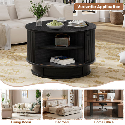Pikvki Rotatable Round Coffee Table with Storage & Fluted Sliding Doors, 31.5" Modern Wooden Center Table for Living Room