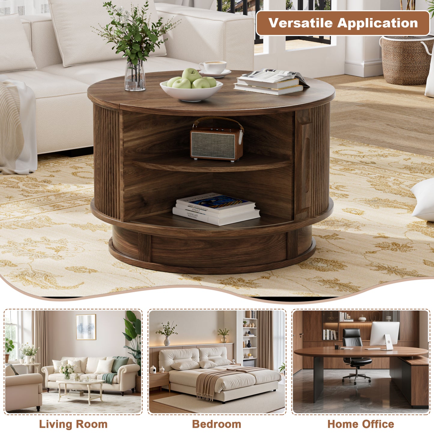 Pikvki Rotatable Round Coffee Table with Storage & Fluted Sliding Doors, 31.5" Modern Wooden Center Table for Living Room