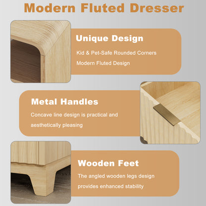 Pikvki Fluted Nightstand with Charging Station, Modern End Table with with Open Shelf and 2 Storage Drawers for Bedroom
