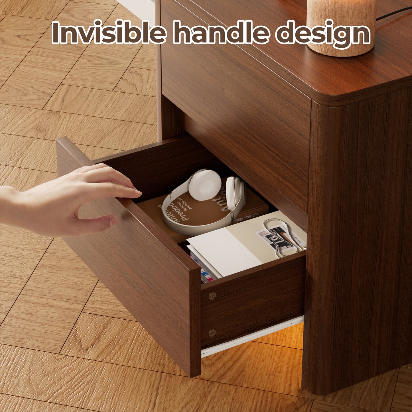 Pikvki Nightstand with Charging Station Set of 2, Modern Bedside Table End Table with LED Lights & 2 Drawer for Bedroom, Living Room