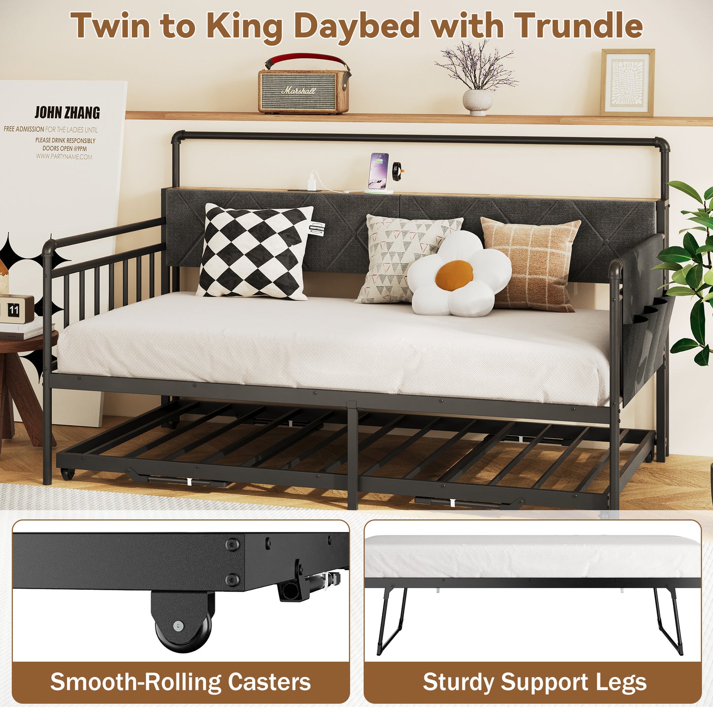 Pikvki Daybed with Charging Station & Side Pocket, Pop-upTrundle with Upholstered Storage Headboard, LED Light Sofa Bed for Living Room/Bedroom, Black