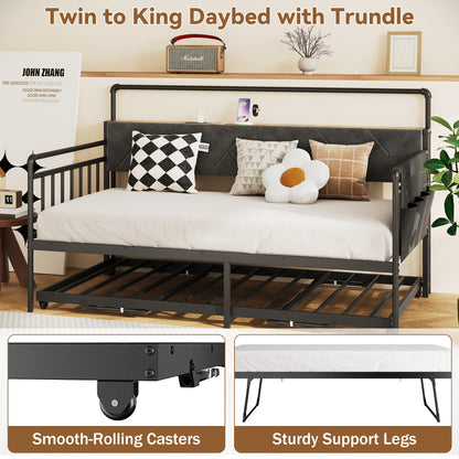 Pikvki Daybed with Charging Station & Side Pocket, Pop-upTrundle with Upholstered Storage Headboard, LED Light Sofa Bed for Living Room/Bedroom, Black