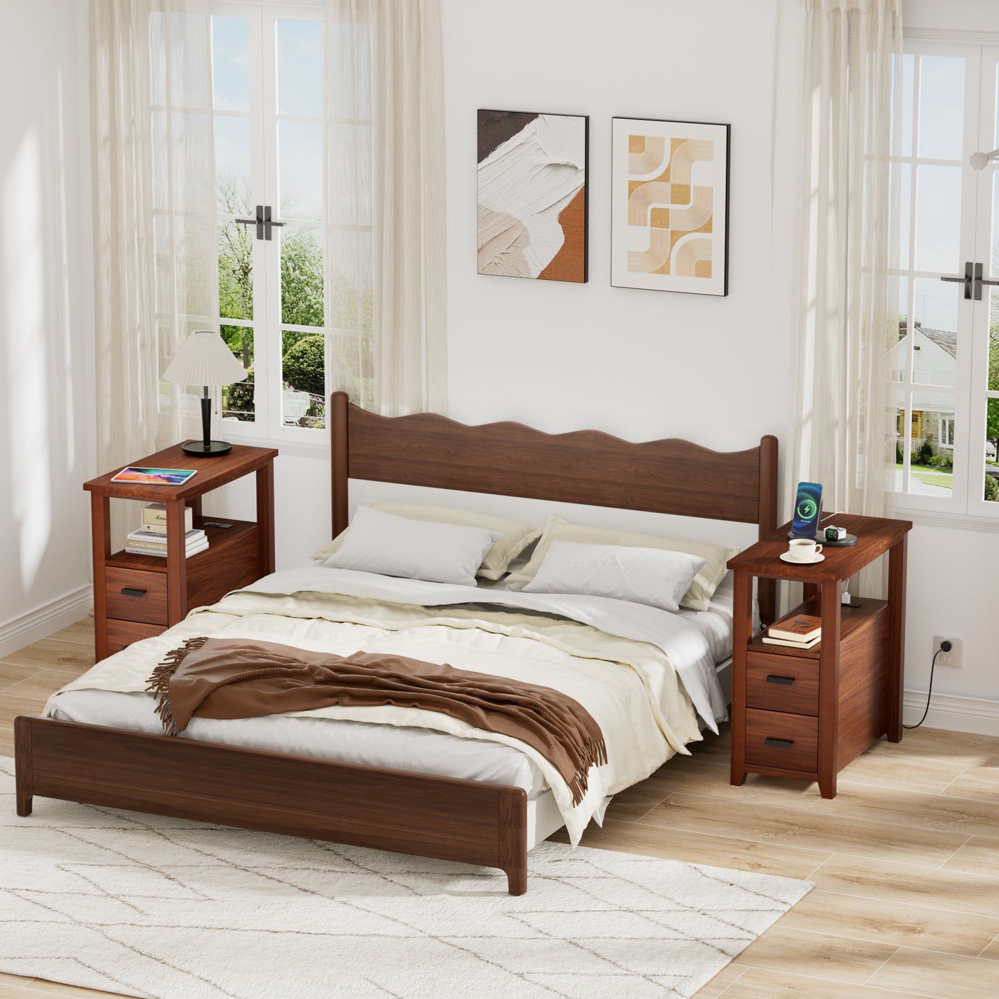 Pikvki End Table with Charging Station, Nightstand with 2 Drawers for Living Room, Bedroom