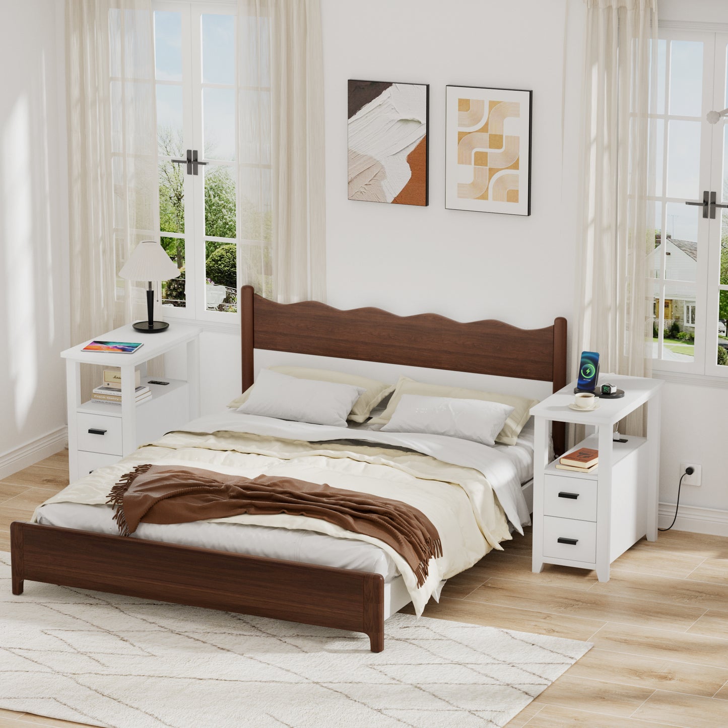 Pikvki End Table with Charging Station, Nightstand with 2 Drawers for Living Room, Bedroom