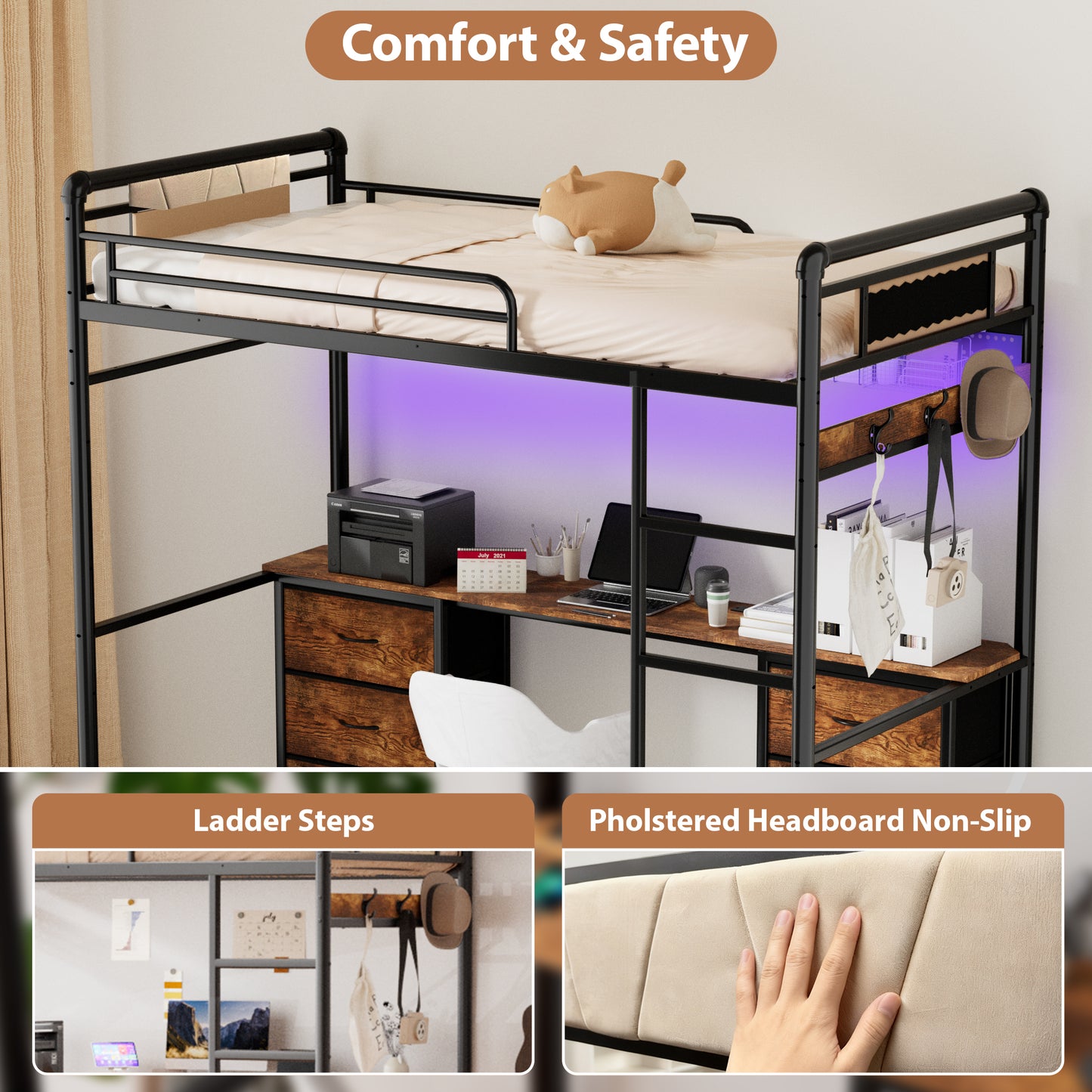 Pikvki Rustic Loft Bed Twin Size with Desk & 6 Fabric Drawers, Industrial Metal Loft Bed with LED & Charging Station for Bedroom