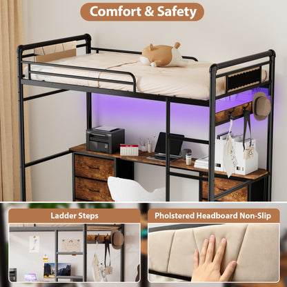Pikvki Rustic Loft Bed Twin Size with Desk & 6 Fabric Drawers, Industrial Metal Loft Bed with LED & Charging Station for Bedroom
