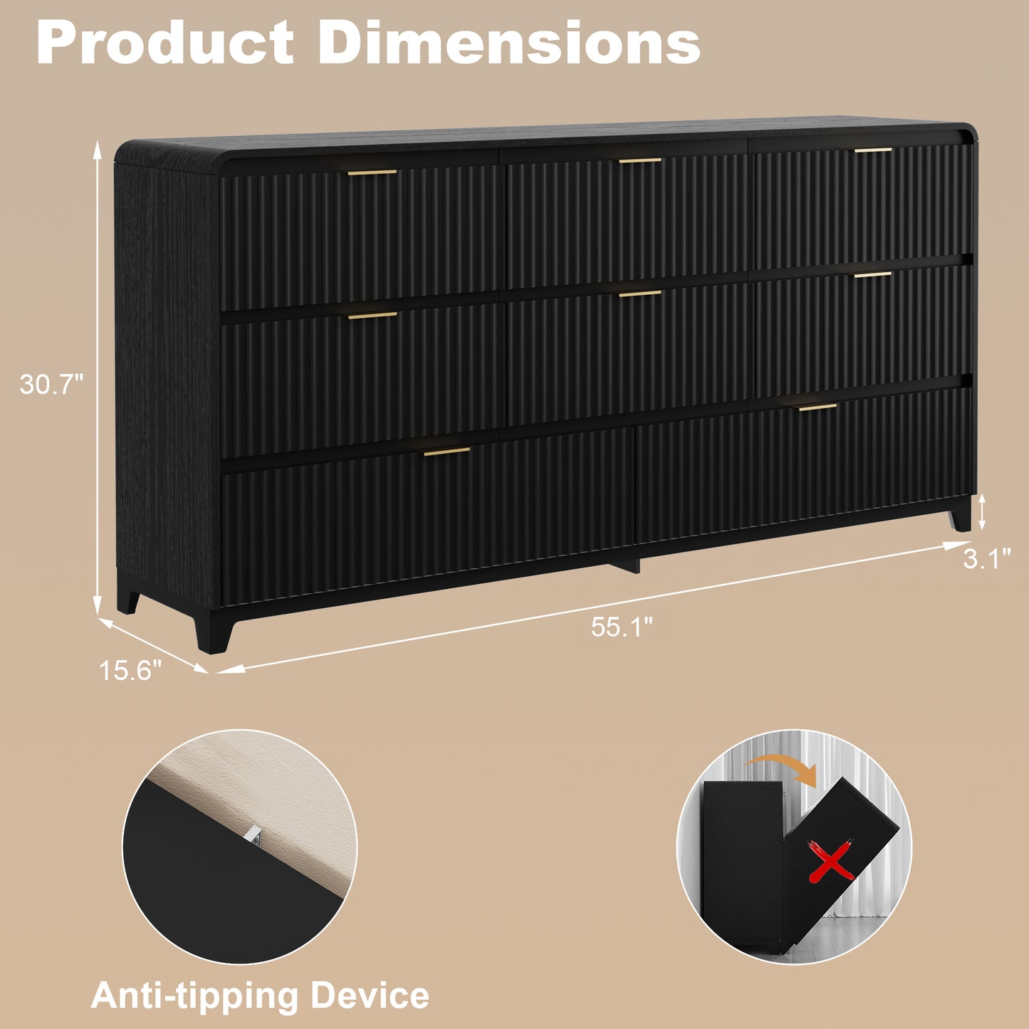 Pikvki Fluted 8 Drawers Dresser for Bedroom, 55.1" Wide Modern Chest of Drawers with Metal Handle, TV Stand for Living Room