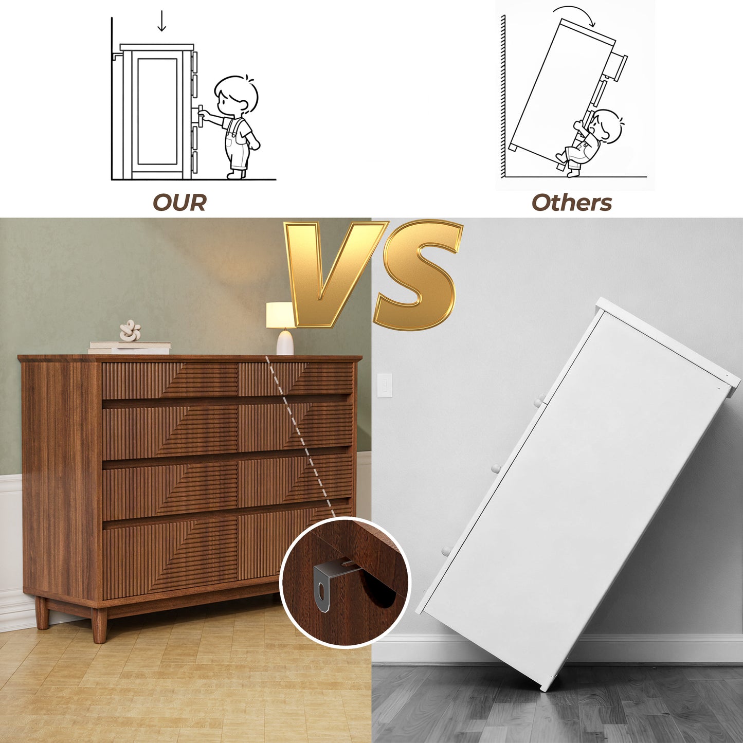 Pikvki Fluted 8 Drawer Dresser with Charging Station for Bedroom, 47.3" Modern Wide Chest of Drawers for Closet, Natural Oak