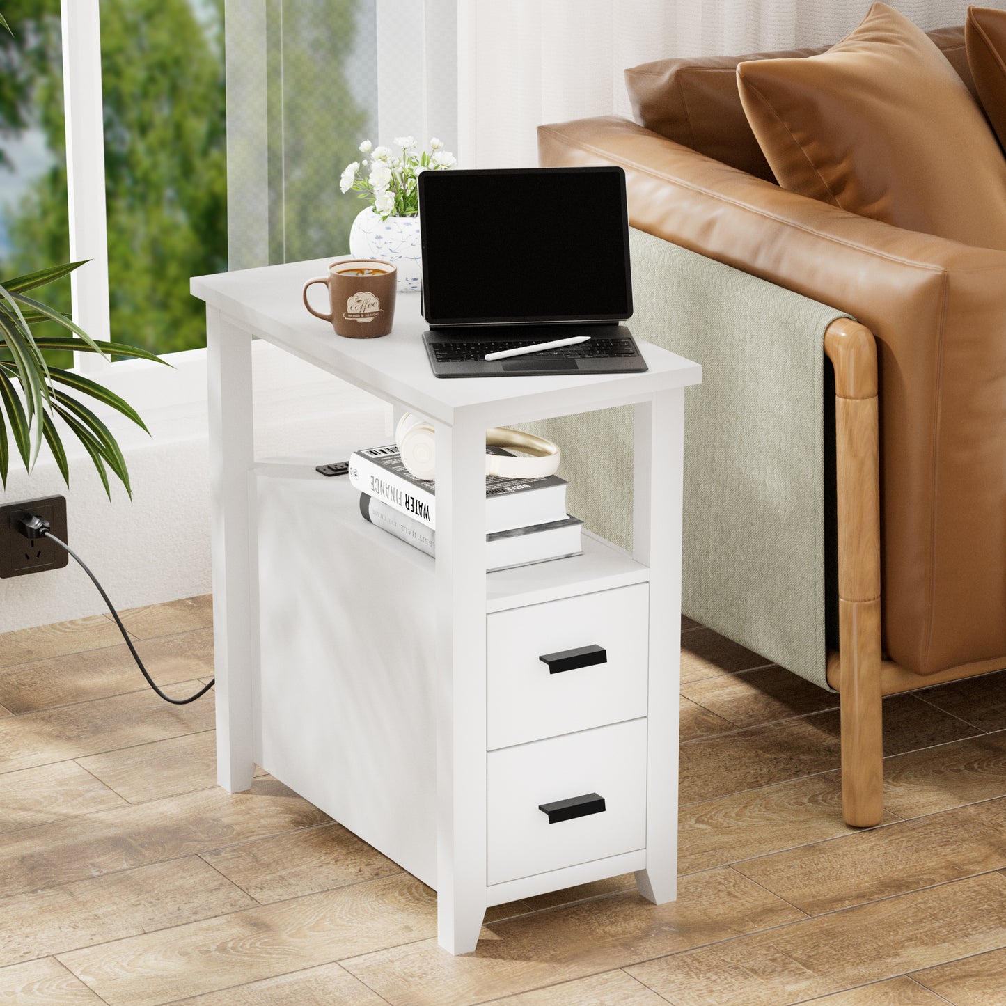 Pikvki End Table with Charging Station, Nightstand with 2 Drawers for Living Room, Bedroom