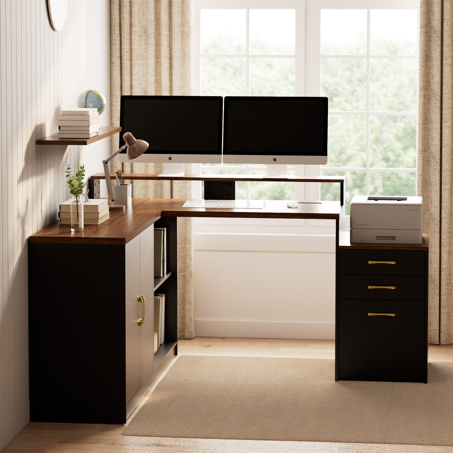 Pikvki L Shaped Computer Desk with Drawers, Office Desk with Power Outlets, Storage Cabinet and Long Monitor Stand for Home Office