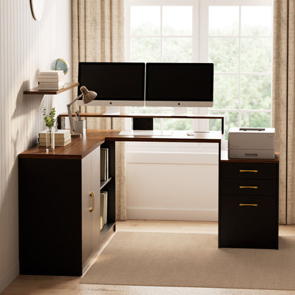 Pikvki L Shaped Computer Desk with Drawers, Office Desk with Power Outlets, Storage Cabinet and Long Monitor Stand for Home Office