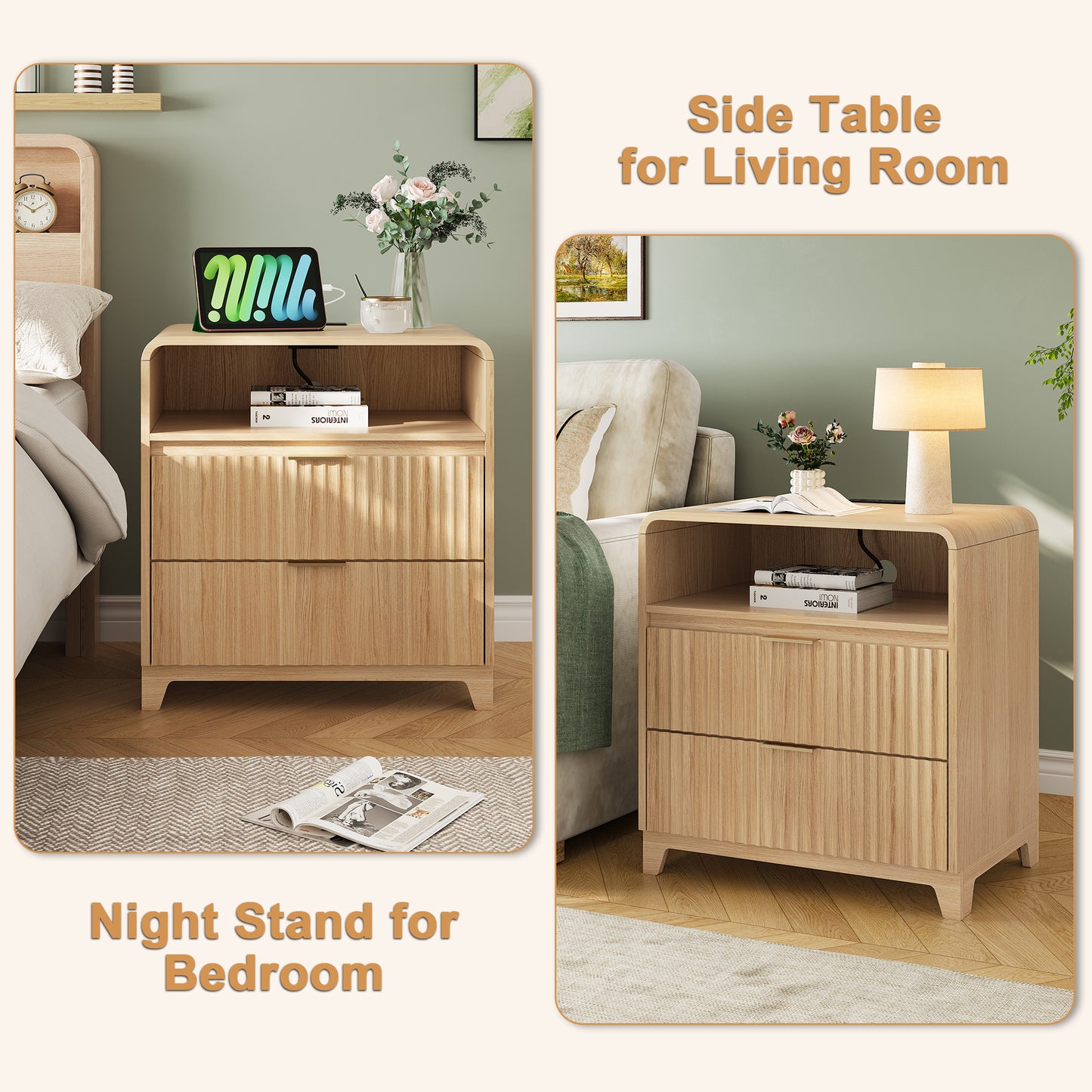 Pikvki Fluted Nightstand with Charging Station, Modern End Table with with Open Shelf and 2 Storage Drawers for Bedroom