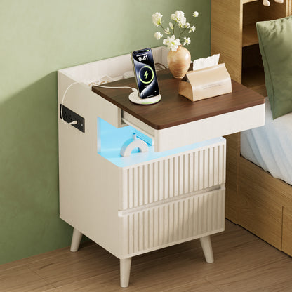 Pikvki Fluted Nightstand with Charging Station & LED Light, Modern End Table with 3 Storage Drawers and Pull-Out Tabletop for Bedroom, Living Room
