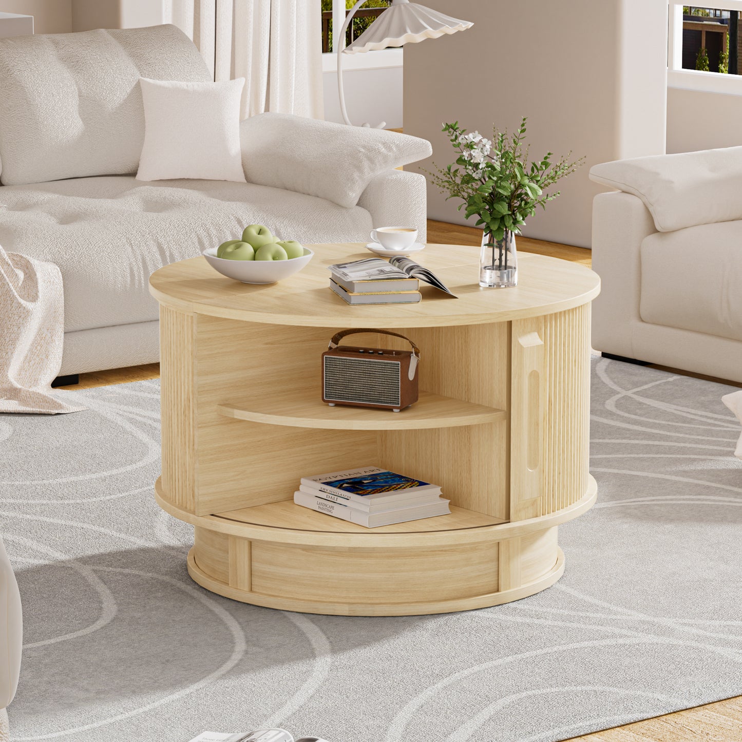 Pikvki Rotatable Round Coffee Table with Storage & Fluted Sliding Doors, 31.5" Modern Wooden Center Table for Living Room