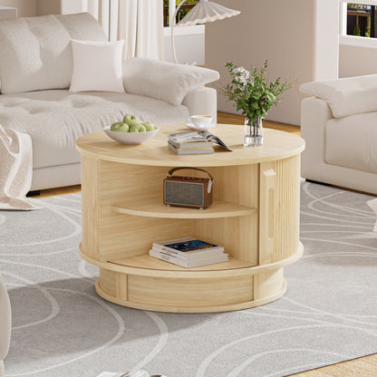 Pikvki Rotatable Round Coffee Table with Storage & Fluted Sliding Doors, 31.5" Modern Wooden Center Table for Living Room