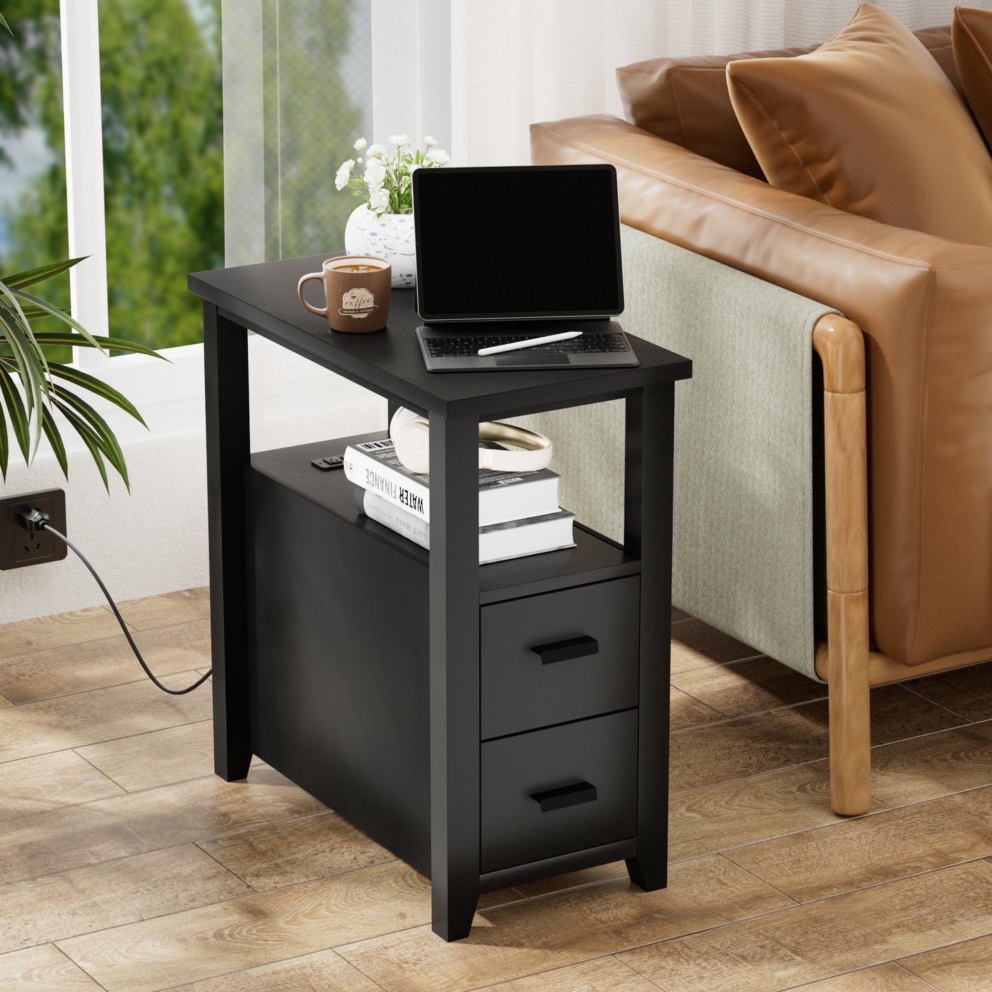 Pikvki End Table with Charging Station, Nightstand with 2 Drawers for Living Room, Bedroom