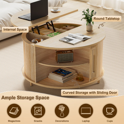 Pikvki Round Coffee Table Lift Top with Storage and Sliding Door, 31.5" Mid Century Fluted Small Center Table for Living Room