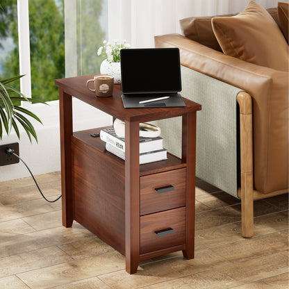 Pikvki End Table with Charging Station, Nightstand with 2 Drawers for Living Room, Bedroom