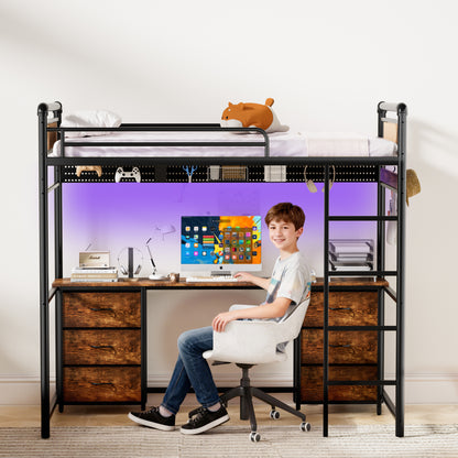 Pikvki Rustic Loft Bed Twin Size with Desk & 6 Fabric Drawers, Industrial Metal Loft Bed with LED & Charging Station for Bedroom