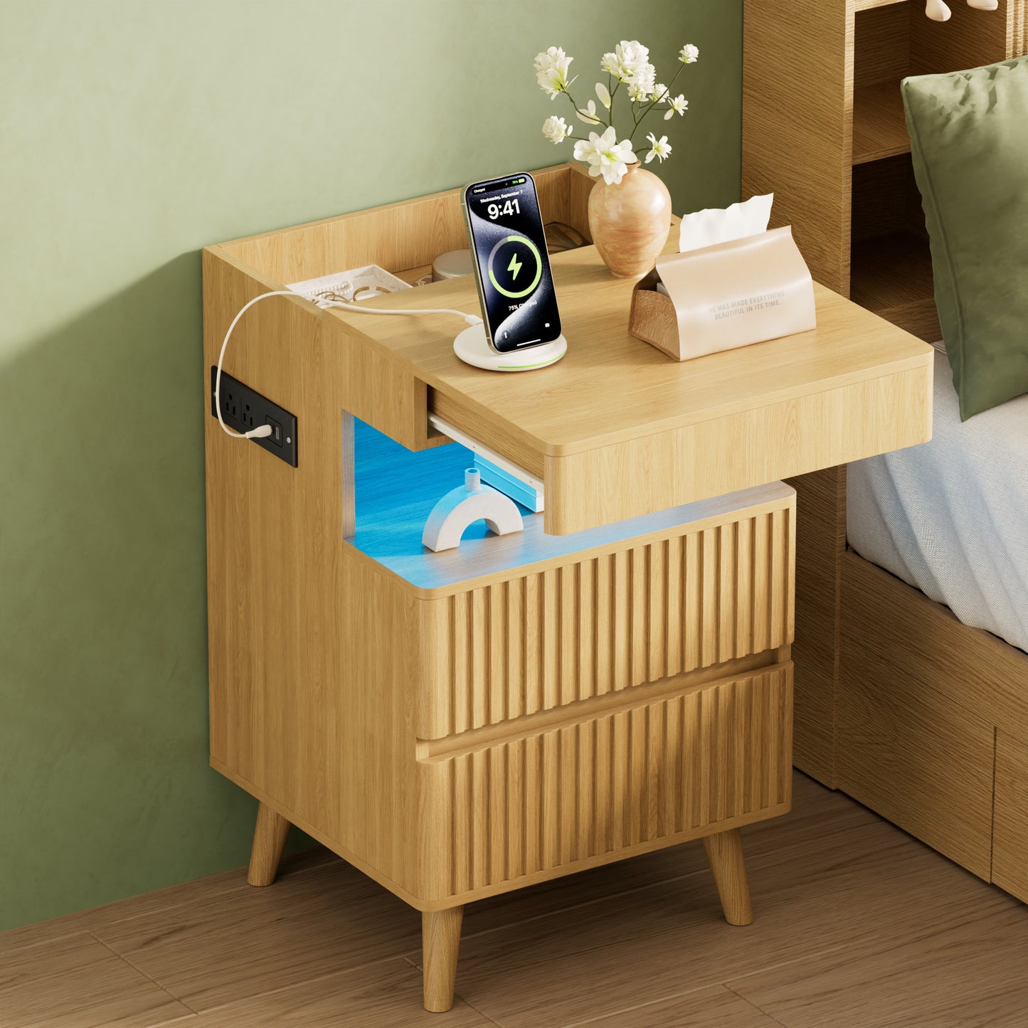 Pikvki Fluted Nightstand with Charging Station & LED Light, Modern End Table with 3 Storage Drawers and Pull-Out Tabletop for Bedroom, Living Room