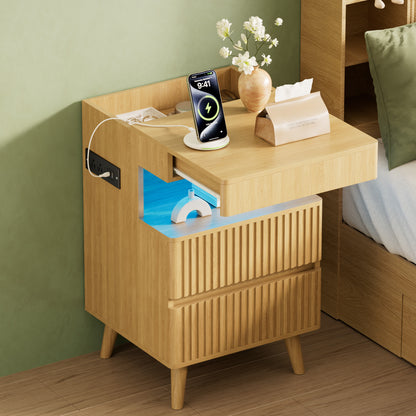 Pikvki Fluted Nightstand with Charging Station & LED Light, Modern End Table with 3 Storage Drawers and Pull-Out Tabletop for Bedroom, Living Room