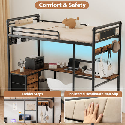 Pikvki Rustic Loft Bed Twin Size with Desk & 3 Fabric Drawers, Industrial Metal Loft Bed with LED & Charging Station for Bedroom
