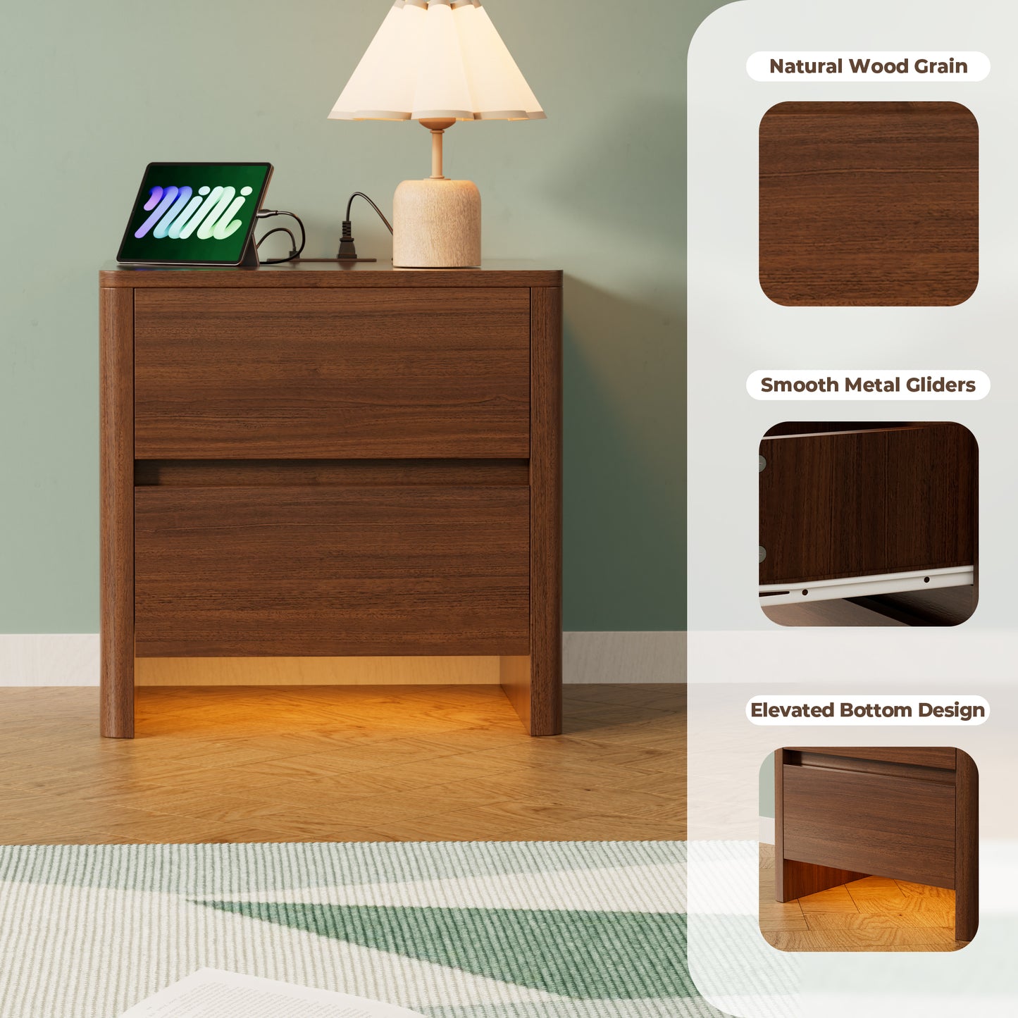 Pikvki Nightstand with Charging Station Set of 2, Modern Bedside Table End Table with LED Lights & 2 Drawer for Bedroom, Living Room