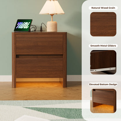 Pikvki Nightstand with Charging Station Set of 2, Modern Bedside Table End Table with LED Lights & 2 Drawer for Bedroom, Living Room