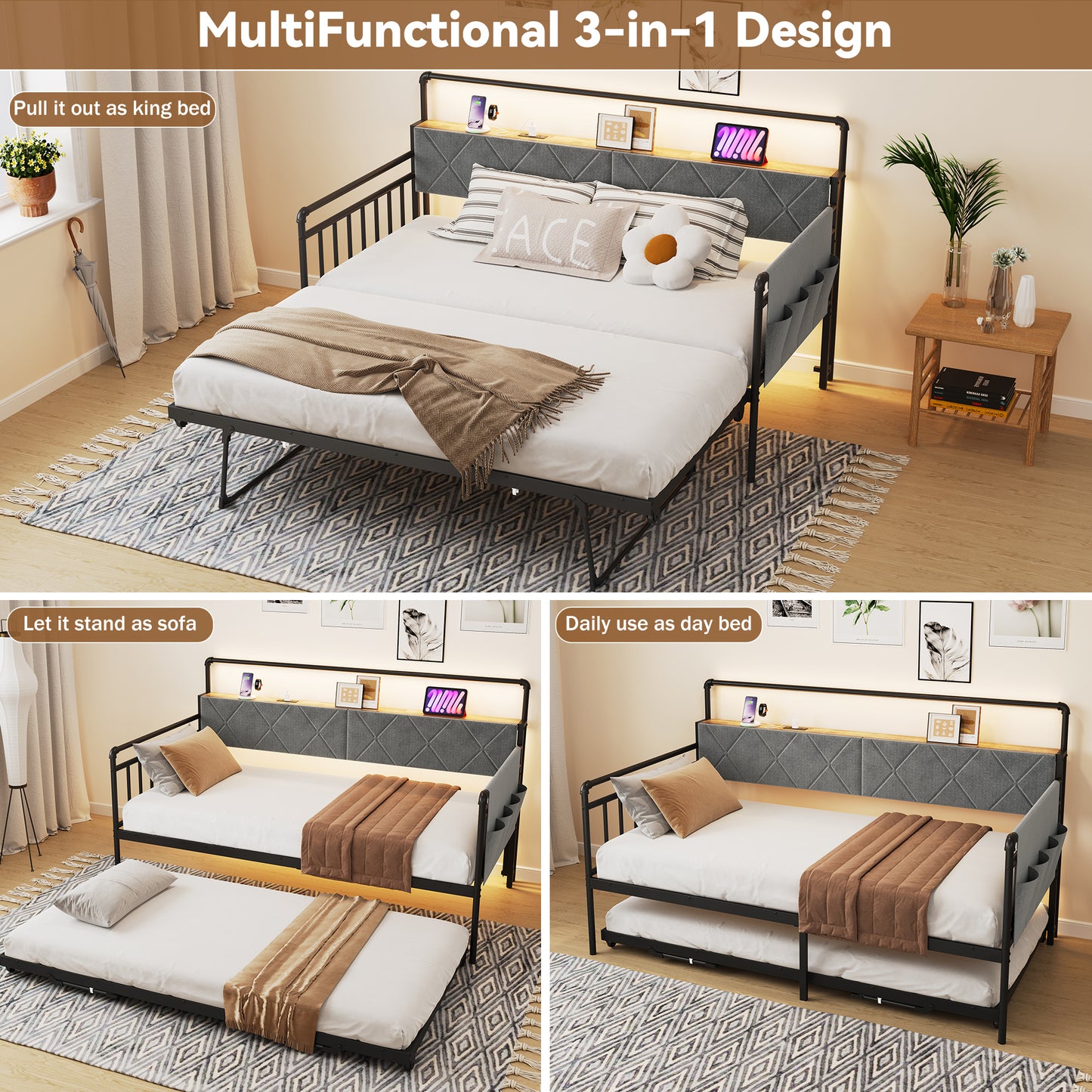 Pikvki Daybed with Charging Station & Side Pocket, Pop-upTrundle with Upholstered Storage Headboard, LED Light Sofa Bed for Living Room/Bedroom, Black
