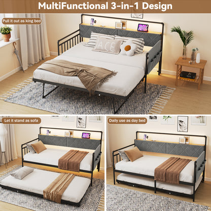 Pikvki Daybed with Charging Station & Side Pocket, Pop-upTrundle with Upholstered Storage Headboard, LED Light Sofa Bed for Living Room/Bedroom, Black