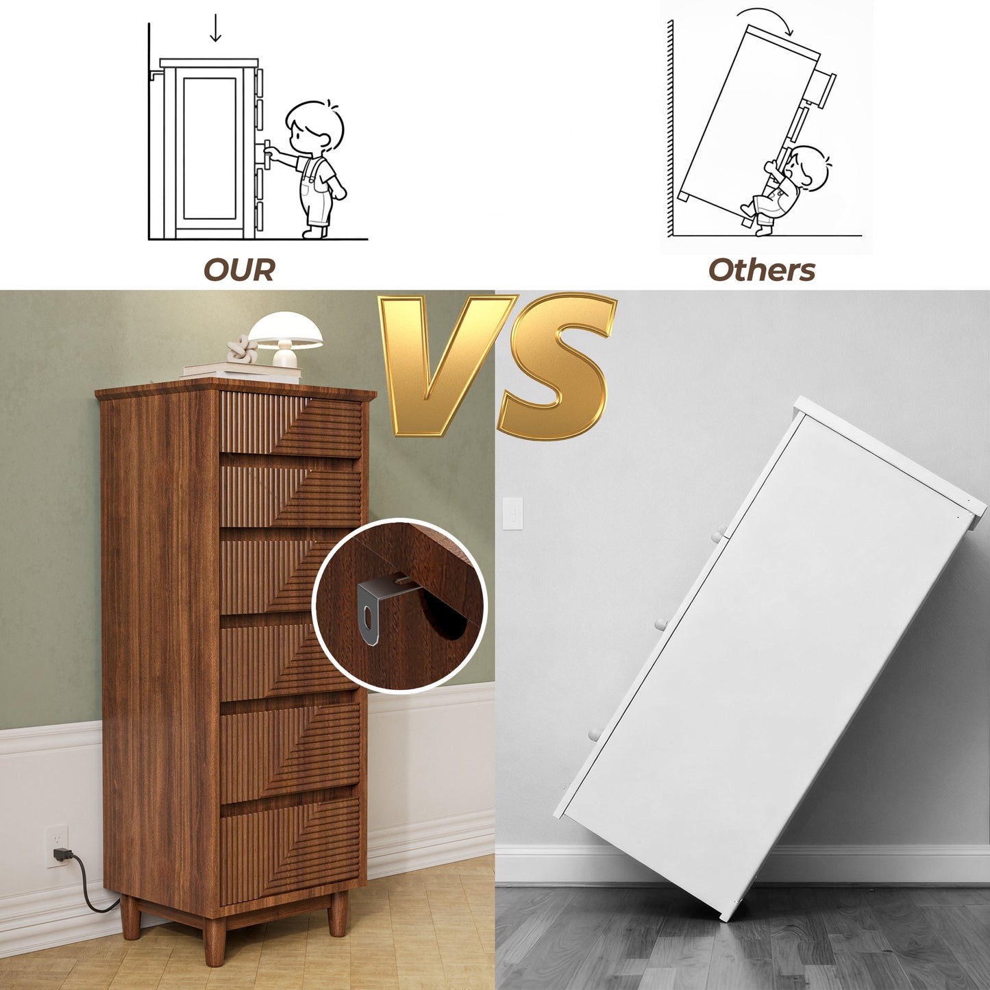 Pikvki Fluted 6 Drawer Dresser with Charging Station for Bedroom, 49" Modern Tall Narrow Chest of Drawers for Closet