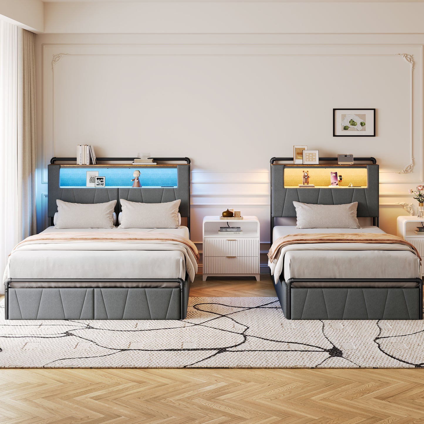 Pikvki Bed Frame with 2 Storage Drawers, Metal Platform Bed Frame with 2-Tier Storage Headboard, Charging Station & LED
