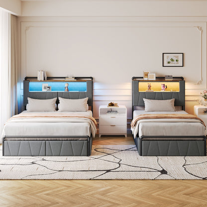 Pikvki Bed Frame with 2 Storage Drawers, Metal Platform Bed Frame with 2-Tier Storage Headboard, Charging Station & LED
