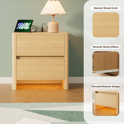 Pikvki Nightstand with Charging Station Set of 2, Modern Bedside Table End Table with LED Lights & 2 Drawer for Bedroom, Living Room