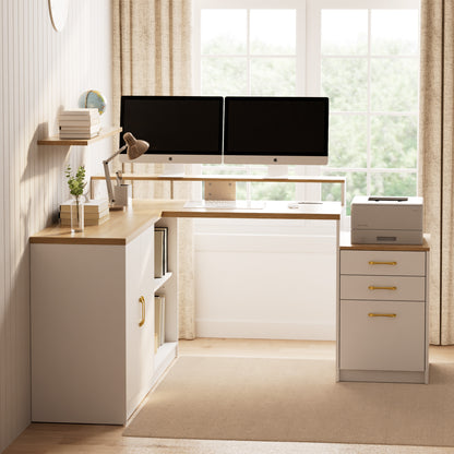 Pikvki L Shaped Computer Desk with Drawers, Office Desk with Power Outlets, Storage Cabinet and Long Monitor Stand for Home Office