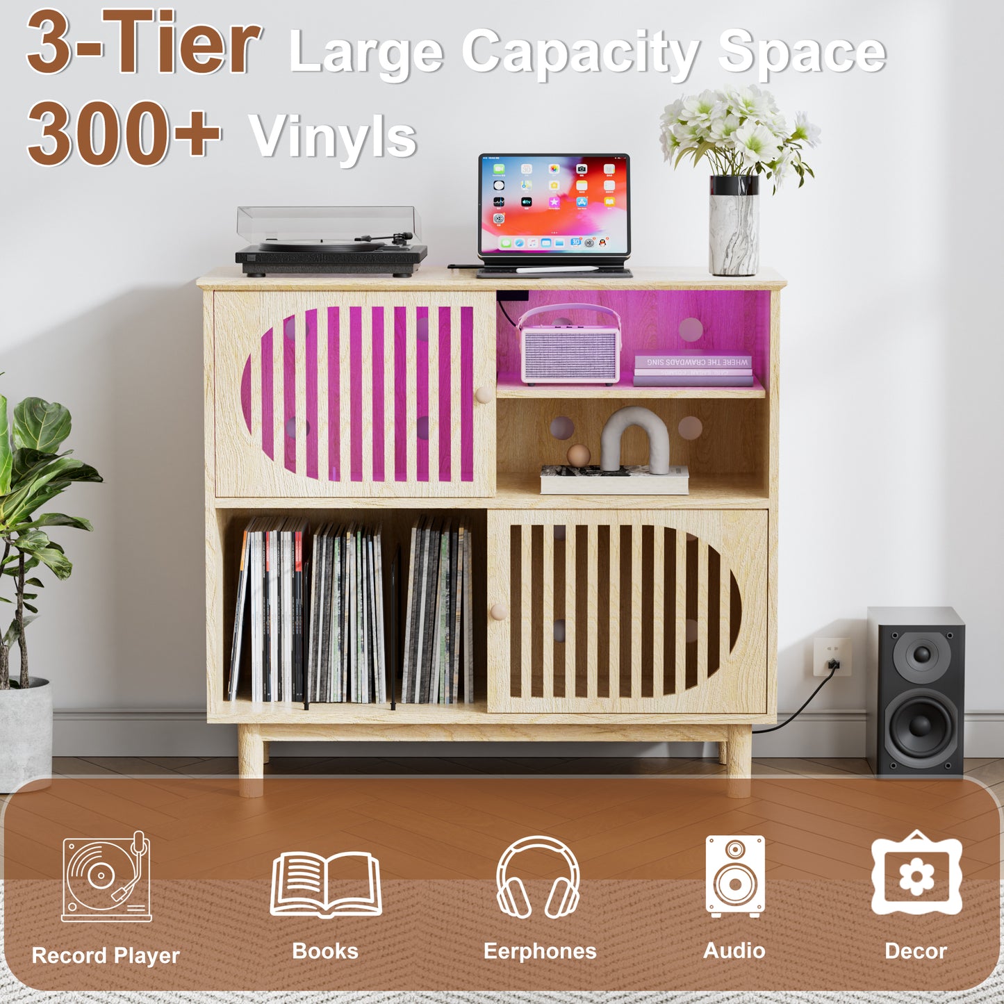 Pikvki Large Record Player Stand with Charging Station, Vinyl Record Cabinet, Wood Turntable Stand for Music Living Room