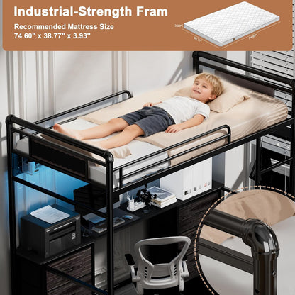 Pikvki Rustic Loft Bed Twin Size with Desk & 6 Fabric Drawers, Industrial Metal Loft Bed with LED & Charging Station for Bedroom